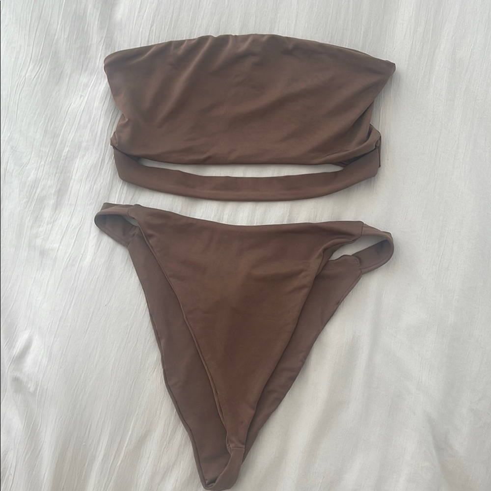 Naked Wardrobe Brown High Leg High Waist Strapless Bikini Set